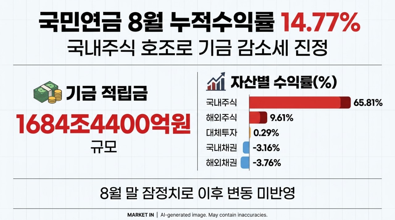국민연금, 8월 말 누적 수익률 14.77%…기금 규모 감소세 진정[마켓인]